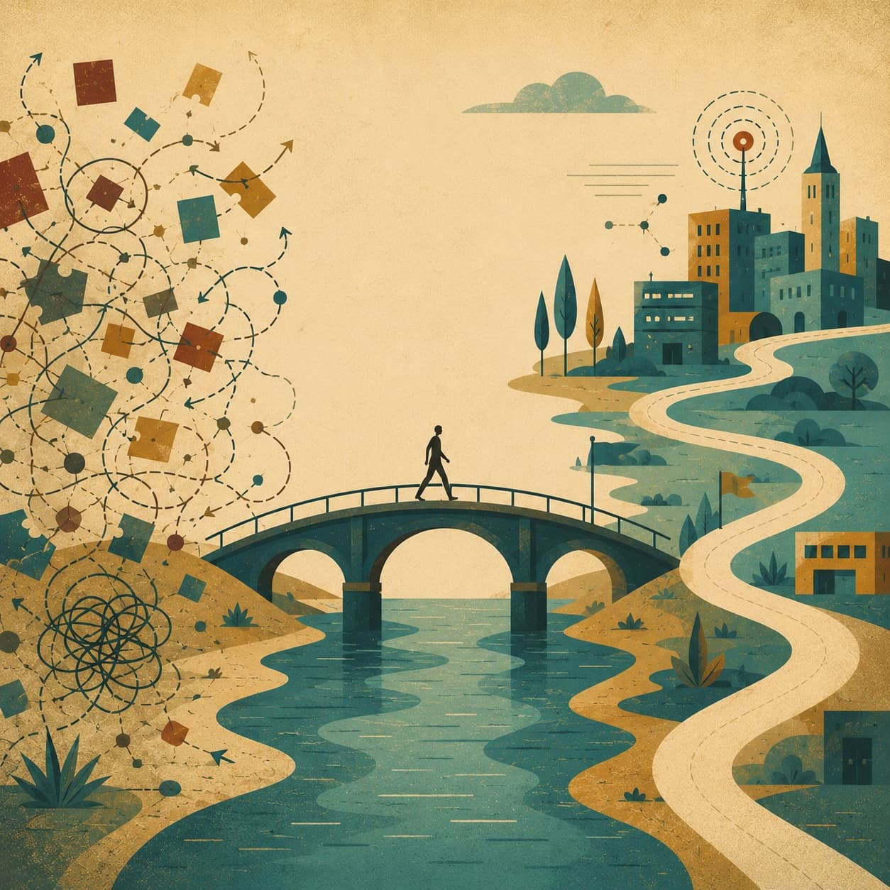 Ilustración de un puente que conecta la complejidad tecnológica fragmentada con una dirección de negocio organizada.