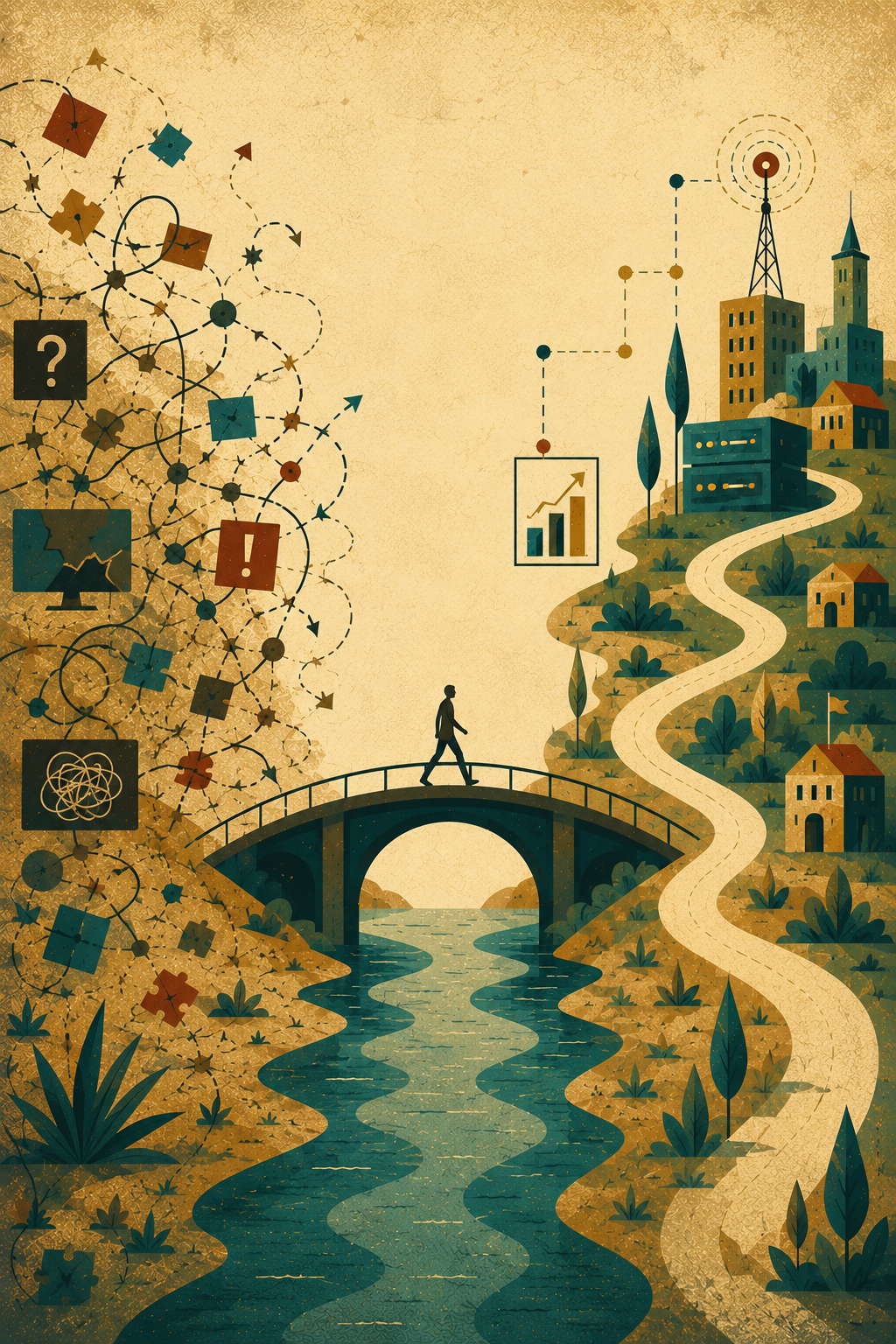 Illustration of a bridge and structured path connecting complex change with clearer direction
